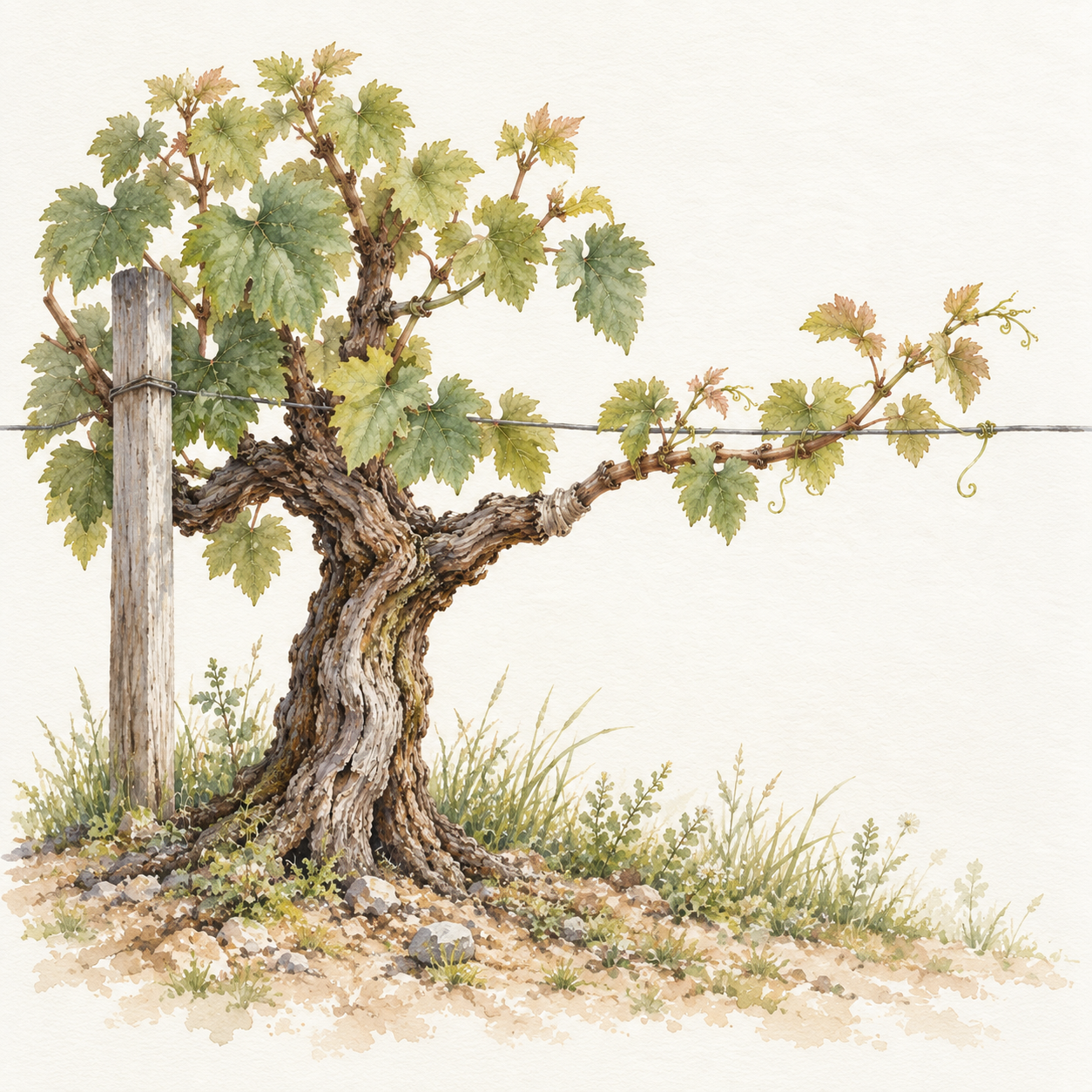 Watercolour of a living grapevine with a branch grafted into it and trained along a simple trellis