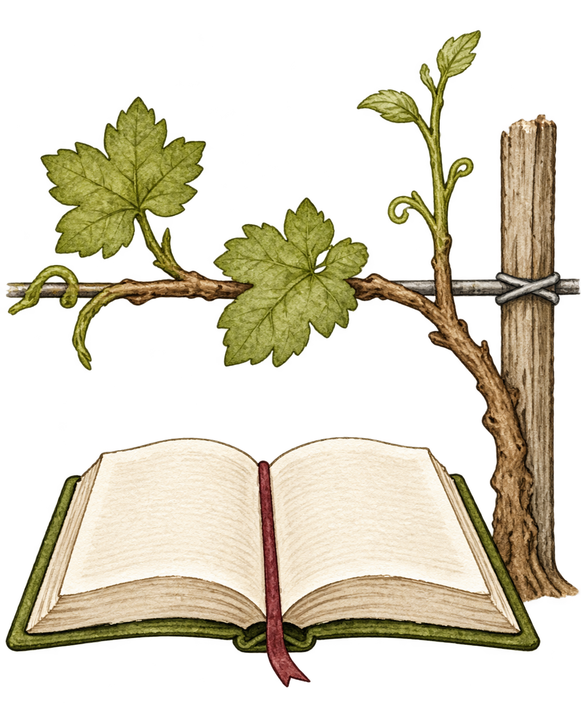 Open Bible beside a developing grapevine shoot and trellis