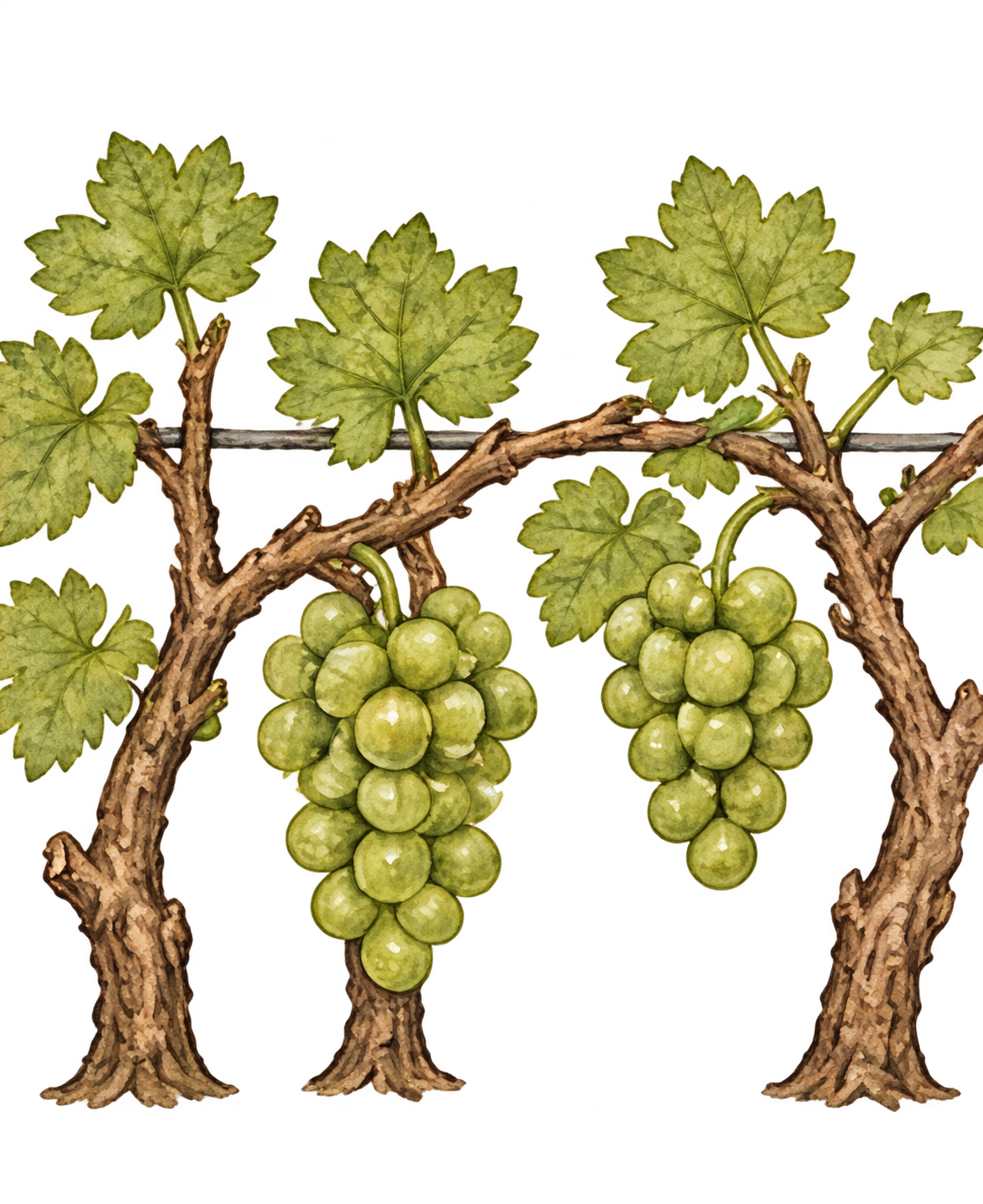 Branches trained along a trellis with developing grape clusters