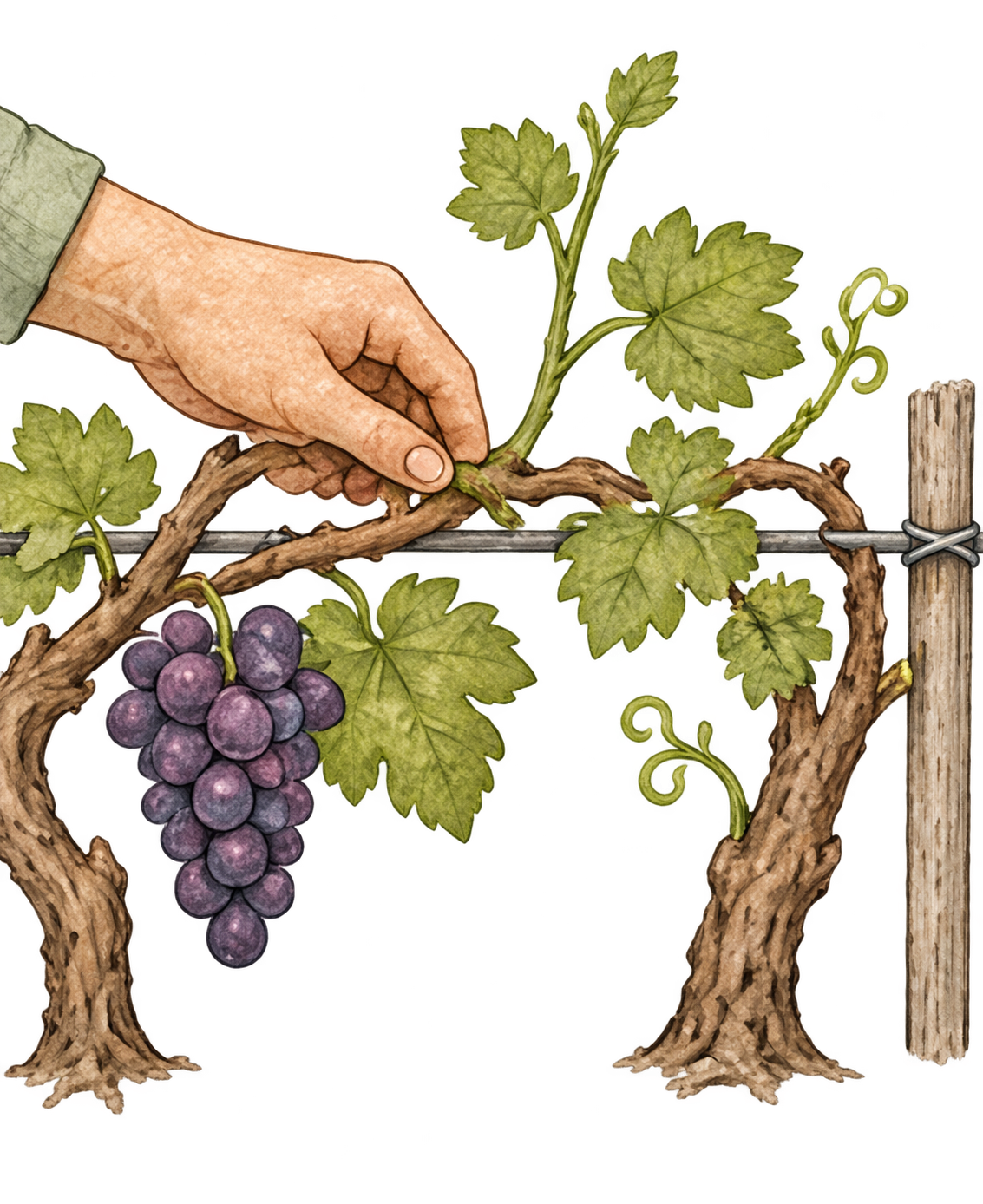 A gardener tending and training new growth on a living grapevine